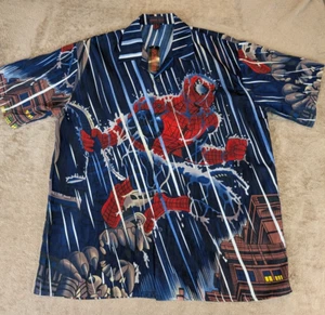 VTG SPIDERMAN Men's XL Short Sleeve Button Up AOP All Over Print 2002 Y2K NWT - Picture 1 of 8