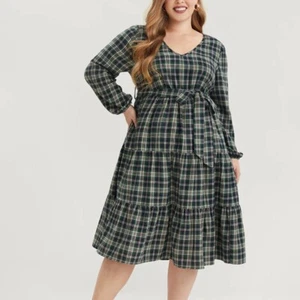 Bloomchic Dress Women Medium 10 Tartan Plaid Blue green Long sleeve Belted - Picture 1 of 20
