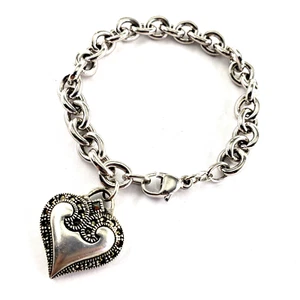Vintage Sterling Silver Bracelet 6.5 Inch Womens Puffy Heart Charm Chain Artisan - Picture 1 of 9