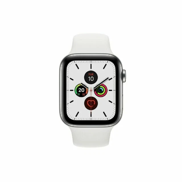 Apple Watch Series 5 44mm Stainless Steel Case with White Sport Band (GPS) (MWWF2B/A)