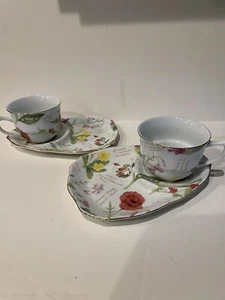 BEAUTIFUL FLORAL SET OF 2 CUPS AND SAUCERS ROSES, LILLIES POPPIES AND MORE - Picture 1 of 6
