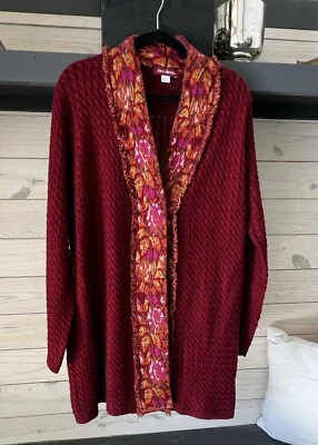 April Cornell Suéter Plumero Floral Largo Cárdigan Rojo Talla Grande Flecos Tejido con Cable Foto 1 de 4