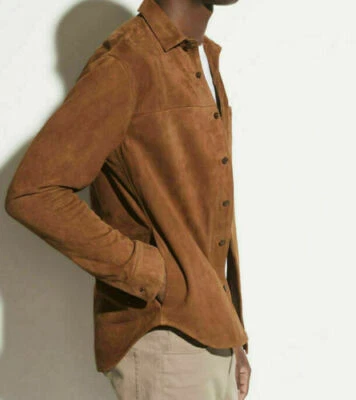 Men’s Brown Suede Leather Shirt– Real Lambskin Button-Up Vintage Look Shirt-A12 - Image 1 of 4