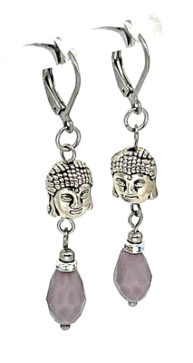 Brincos pendentes de gota de lágrima de vidro lavanda roxo cabeça de Buda - Imagem 1 de 4