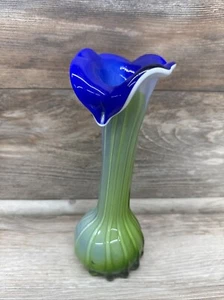 Vaso vintage in vetro con custodia Jack-In-The-Pulpit 9 1/4" verde e blu - Foto 1 di 7