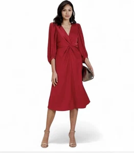 Banana Republic Dress Sz6 Elegant True Red Chakra Midi Twist Front Puff Sleeves - Picture 1 of 8