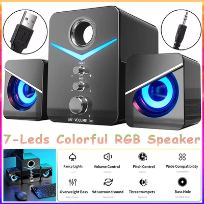 USB Powered Wired 2.1 Computer Speakers Stereo Bass Subwoofer LED For PC Laptop - Image 1 of 4