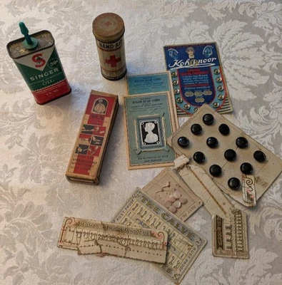 Mixed Vtg Buttons and Snaps, Singer Machine Oil, Rex Tool, Bandaid Tin - Image 1 of 4