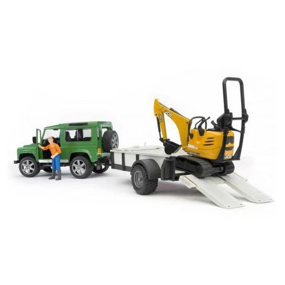 BRUDER #02593 Land Rover Defender With Trailer JCB Micro Excavator and Constru
