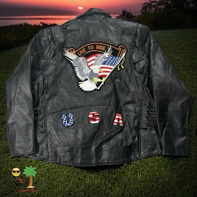 Diamond Plate Buffalo 皮革 Live To Ride 摩托车夹克 尺寸 2XL 美国鹰 — 第 1/4 张图片