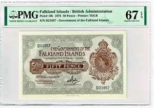 Falkland Islands: 1 Pound; 20.2.1974. Pick 10b. PMG Superb Gem Unc 67 EPQ. - Picture 1 of 2