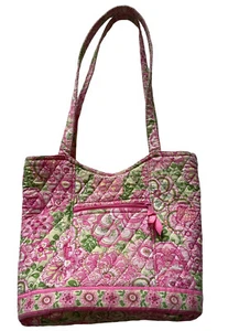 Vera Bradley Petal Pink Tote Should Bag Lime Green Pink Floral Preowned - Picture 1 of 11