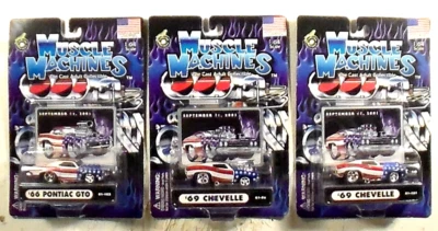 Muscle Machines 2001 '69 CHEVELLE x2, '66 PONTIAC GTO 9/11 1:64 Die Cast NEW SET - Image 1 of 4