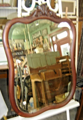 Antique Shaped Mahogany Beveled Mirror Applied Carving Wood back          #1450 Cover