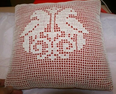 Handcrafted Decorative  RED Pillow Covered with OFF White Lace BIRDS - Image 1 of 2