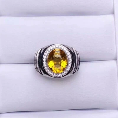 Piedras preciosas de citrino natural con anillo de plata enchapado en oro blanco de 14K para hombre AJ661 Foto 1 de 4