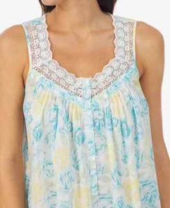 New $70 Eileen West Blue/Yellow Woven Cotton Lawn LACE TRIM Short Nightgown XL - Picture 1 of 4