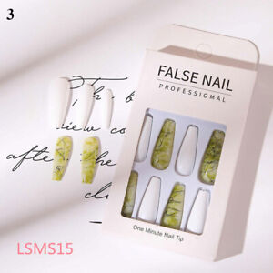 24pcs Coffin Shape Long Fake Nail Tips Stiletto Reusable Stick On Nails Press On