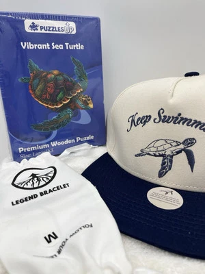 Juego de regalo para amante de las tortugas pulsera cápsula verde azulado mediano, sombrero talla única, rompecabezas nuevo Foto 1 de 4