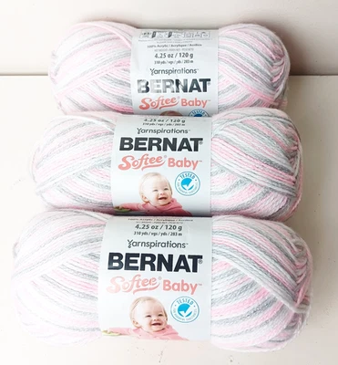 BERNAT Softee Baby Yarn Pink Gray Lot of 3 Skeins Acrylic - Image 1 of 3
