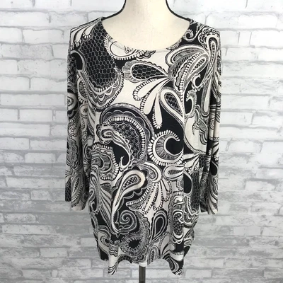 JM Collection Size 1X  Tunic Top Blouse Black/Gray Paisley Textured Jersey Knit - Image 1 of 4