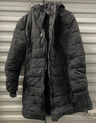Guess Down Jacket Womens M Black Quilted Full Zip Puffer Coat Hooded Mid Length - Image 1 of 4