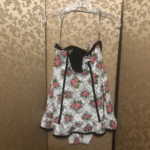 Betsey Johnson NWT White Pink Multi-Color Rose Ruffle Skirt Swim Suit Size L - Picture 1 of 7