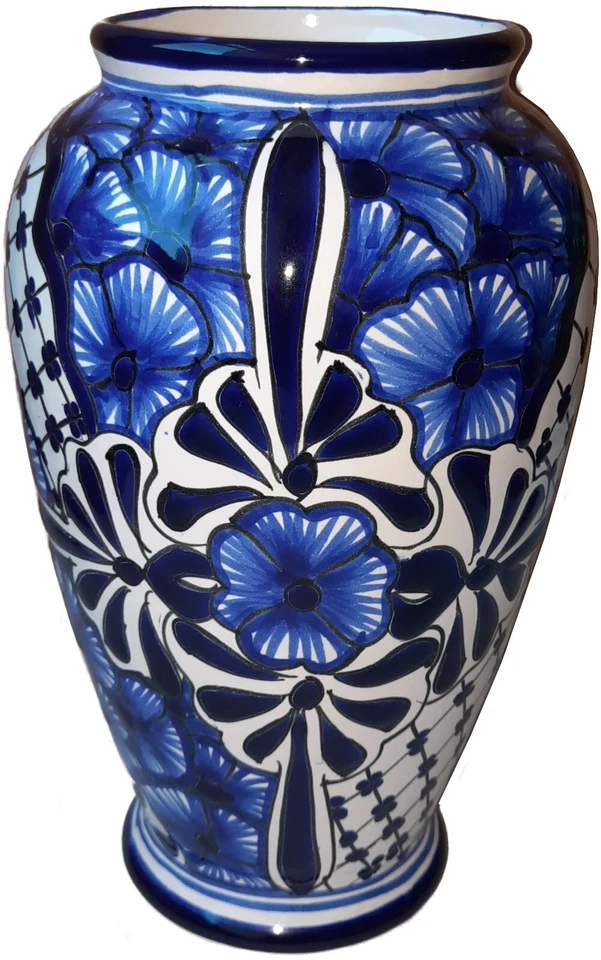 Jarrón de cerámica tradicional Talavera azul mexicano hecho a mano con flores 10" Foto 1 de 1