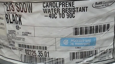 Carol 02725 12/3C Carolprene SOOW 600V 90C Portable Power Cable Cord Black/25ft - Image 1 of 4