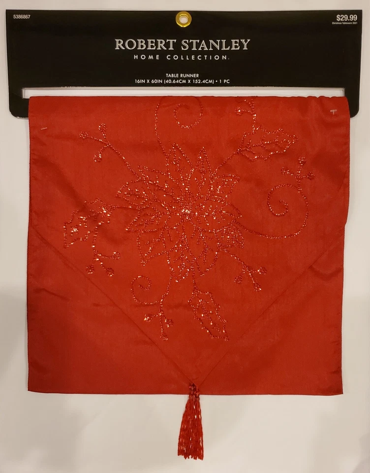 New Robert Stanley Christmas Table Runner: Red Silk Look with Sequins & Tassels - Image 1 of 1