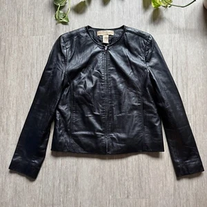 Apostrophe Black Leather Jacket Women’s Size 8 Genuine Leather Zip Collarless - Picture 1 of 6