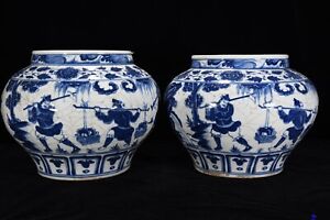 13"A pair Porcelain yuan dynasty A pair Blue white open slice man flower Jar pot