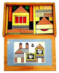 Vintage 32 Stück Vero Deutsch Baustein Set Original Holz 5,75" x 8,5" Box - Bild 1 von 11