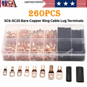 260PCS Auto Battery Cable Lugs Bare Copper Ring Crimp Terminals Wire Connectors - Picture 1 of 14