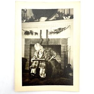 Little Boy In Robe Pajamas w Dog & Book Chimney Stocking Christmas Vintage Photo