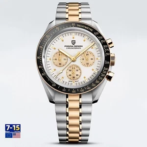 High Quality Quartz Silver Gold Moon Chronograph VK63 10ATM Luxury Men's Watch - Picture 1 of 26