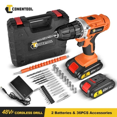 CONENTOOL 48V Cordless Drill Electric Screwdriver 45Nm 2 Speed 36PCS 2 Batteries