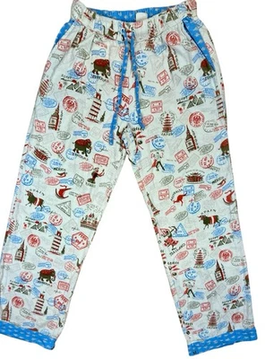 Pantalones de pijama para mujer Munki Munki pequeños de viaje con estampado de estampillas de algodón Foto 1 de 4
