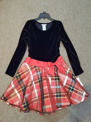 New Bonnie Jean  Christmas Plaid Red Gold Shimmer Dress Size 16 Red Bow Holidays - Image 1 of 4