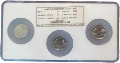 2004-D NGC MS65 Wisconsin State Quarter Variety Set-Normal, High & Low Leaf - Image 1 of 2