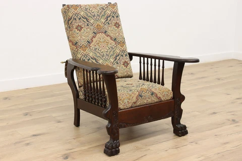 Victorian Antique Oak Morris Recliner Chair, Lion Feet #35926 Cover