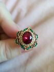 Red Gem Oval Cut Halo White Crystal And Brown And Green Crystal Gold Plated