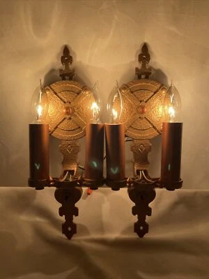 REWIRED Pair Antique Wall Sconces Arts & Crafts Deco Mission Gothic Copper Color - Image 1 of 4