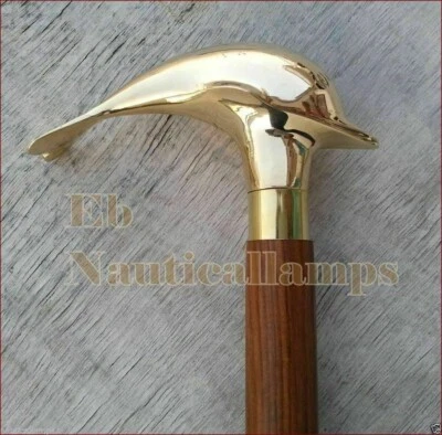 Solid Brass Nautical Dolphin Head Handle Vintage Walking Stick Wooden Cane Gift - Image 1 of 4
