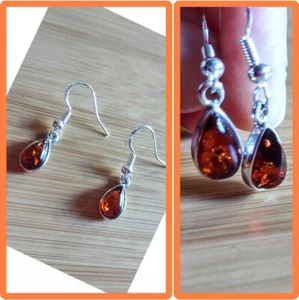 NWOT Small Amber Dangling Teardrop - Shaped Earrings: Sterling Silver - Picture 1 of 14