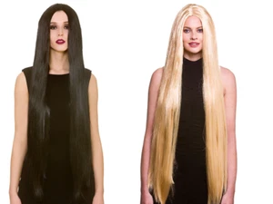 Lange 39" gerade Perücke Damen Morticia Hexe Halloween Kostüm blond schwarz - Bild 1 von 3