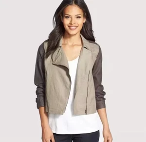 Eileen Fisher Coated Organic Linen Jacket Asymmetrical Zip Petite M Stone Moto - Picture 1 of 16