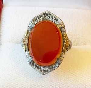 Antique Art Deco 14k Multi Colored Gold Filigree Carnelian Ring - Picture 1 of 4
