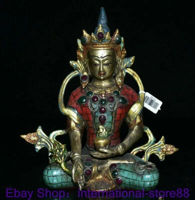7.6" Raro Antiguo Tibetano Cobre Turquesa Gemas Amitayus Longevidad Diosa Estatua Foto 1 de 4