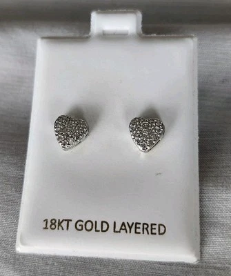 18K White Gold Plated Heart Shaped Stud Fancy Earrings Miami Airport Shop NWOT  - Image 1 of 4